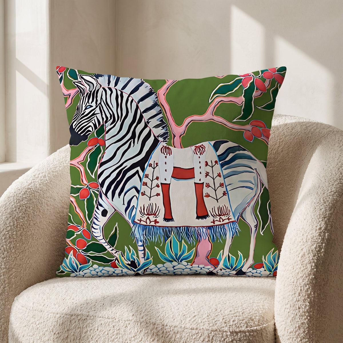 Zara zebra print cushion on a cream boucle armchair in a calm living room
