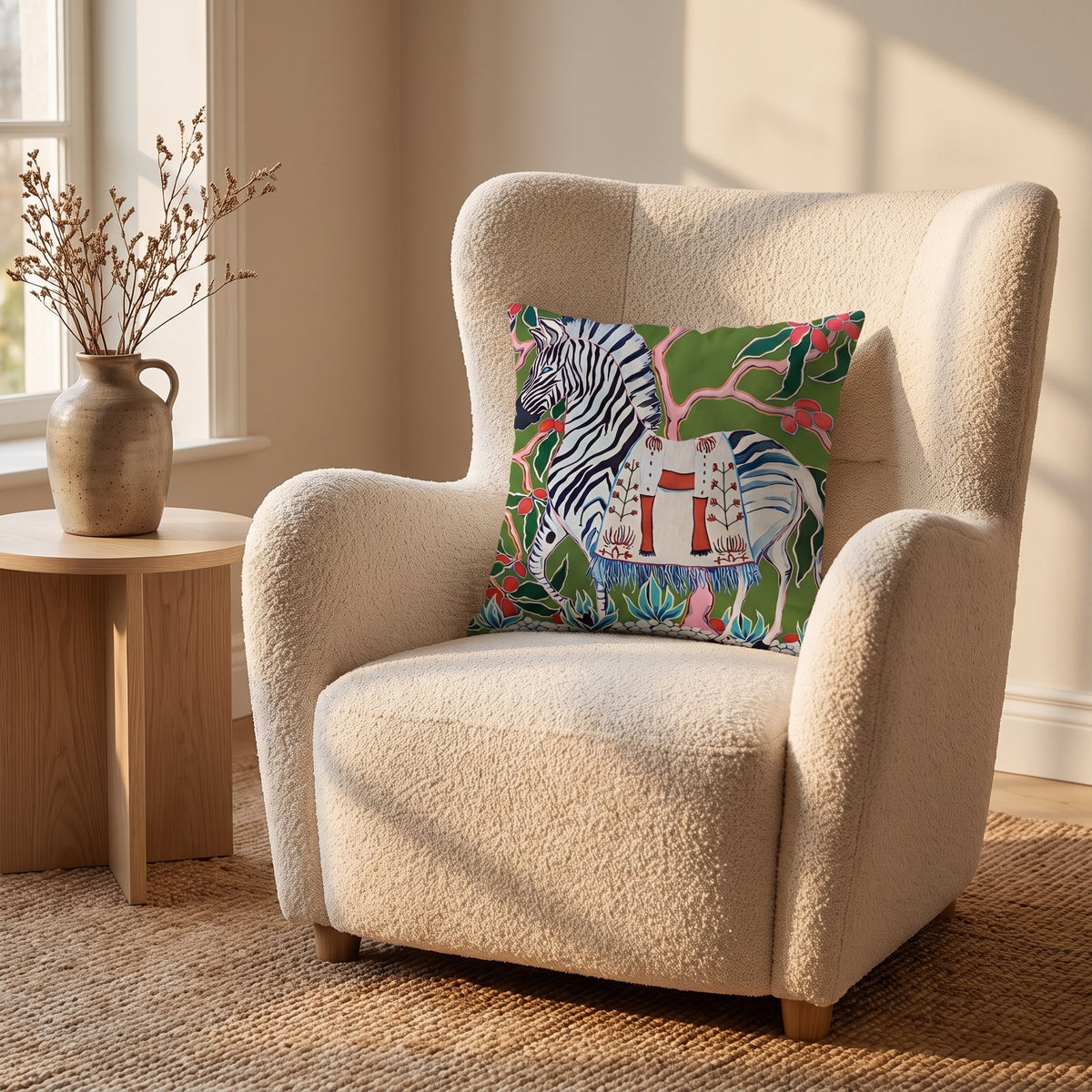 Zara zebra print cushion on a cream boucle armchair in a calm living room, Style Room