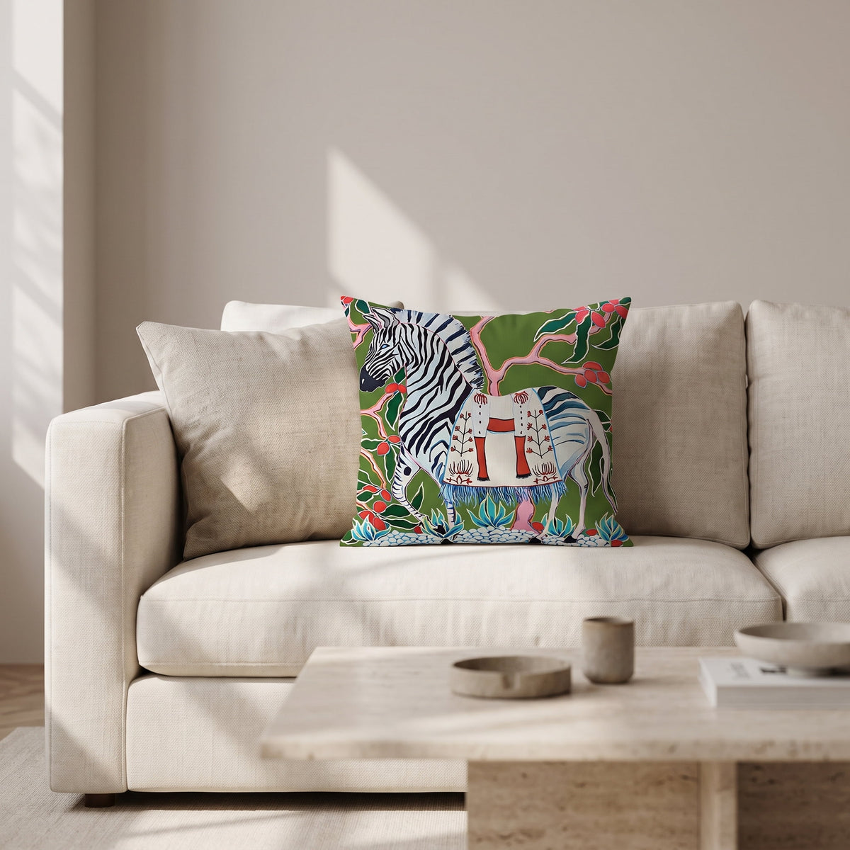 Zara zebra print cushion on a cream linen sofa with a travertine coffee table