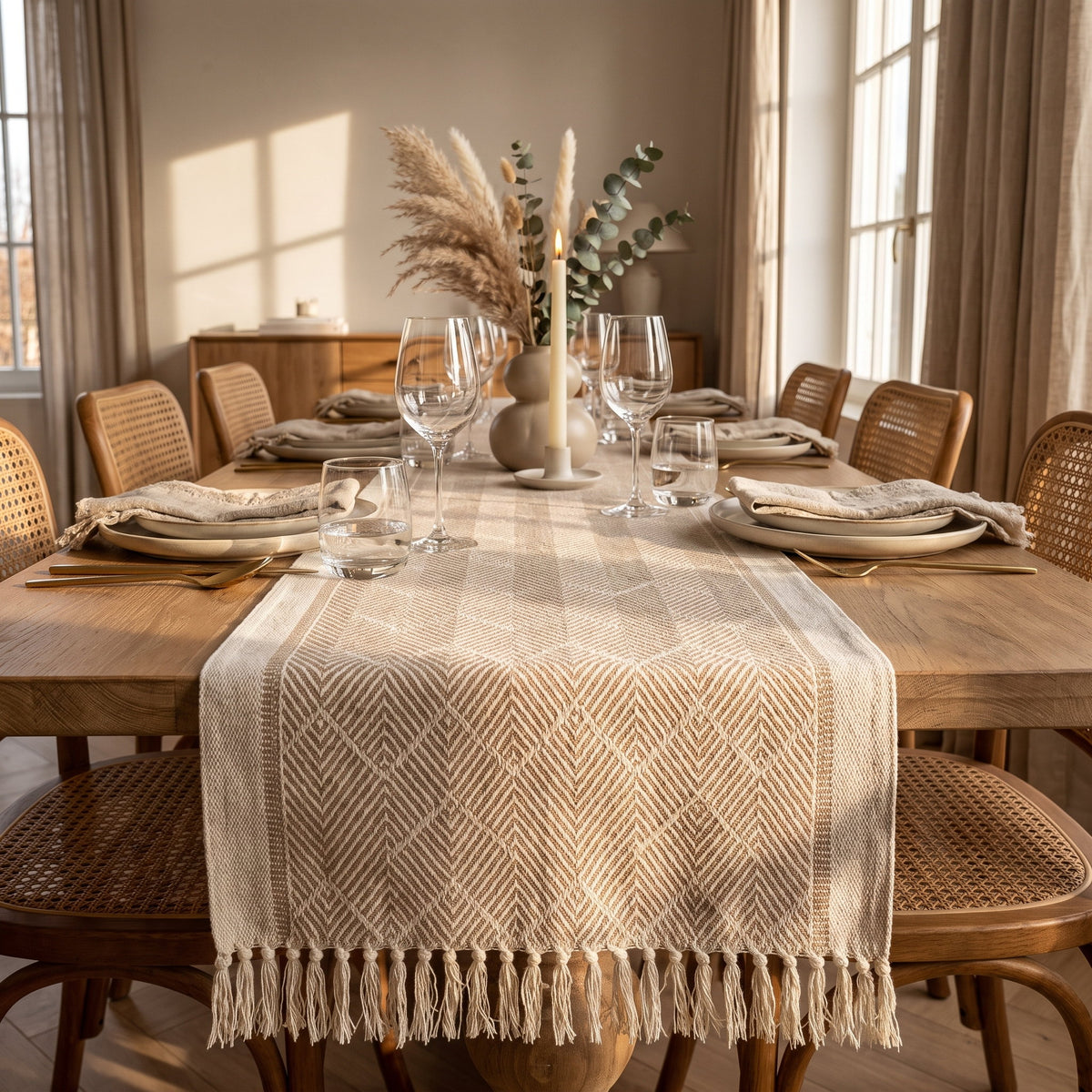 Beige woven table runner on a laid oak dining table in warm afternoon light, Style Room
