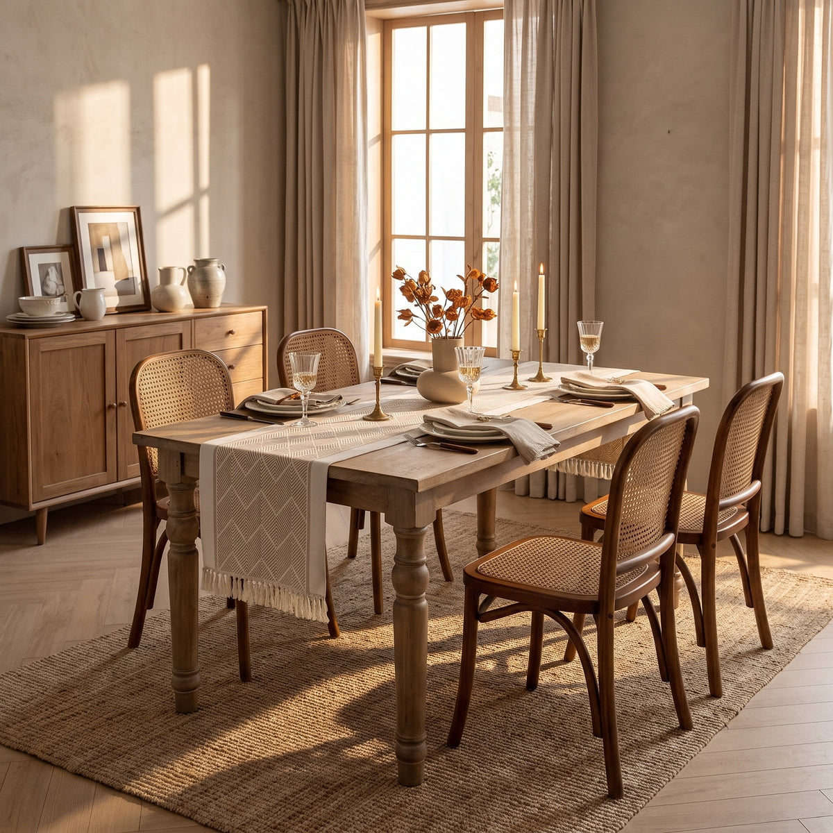 Dining room with the Zara loom beige runner on a laid oak table, Style Room