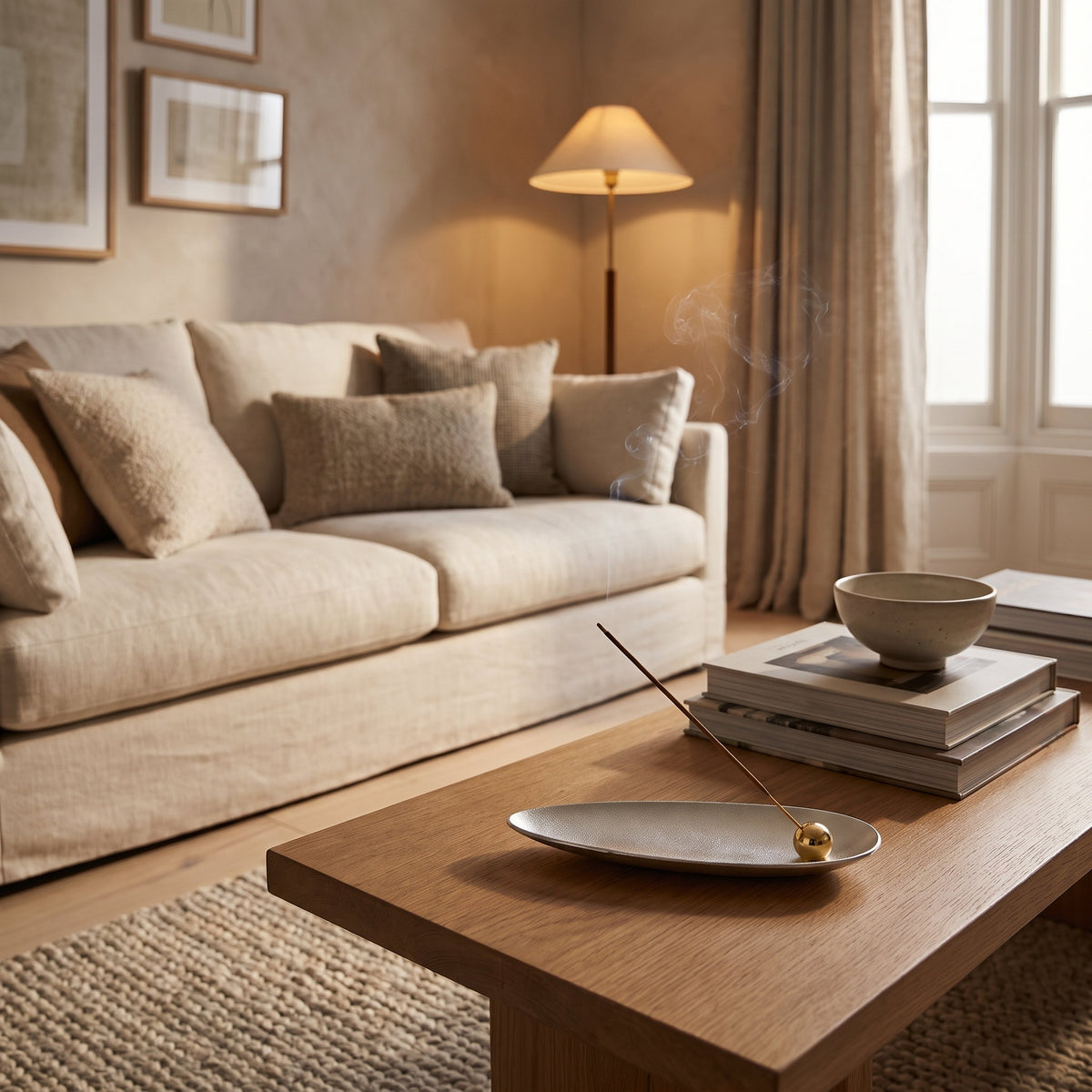 Sitting room with the Zento silver leaf incense holder on a coffee table, Style Room