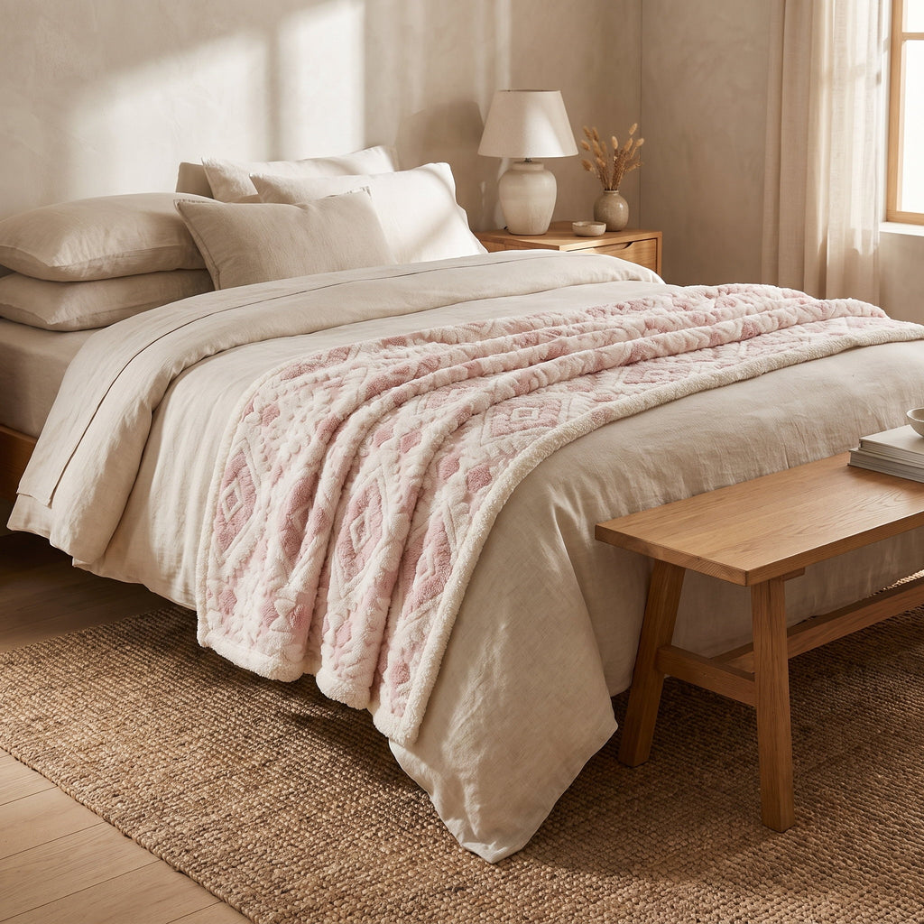 Zyra diamond throw folded across a cream linen bed, Style Room