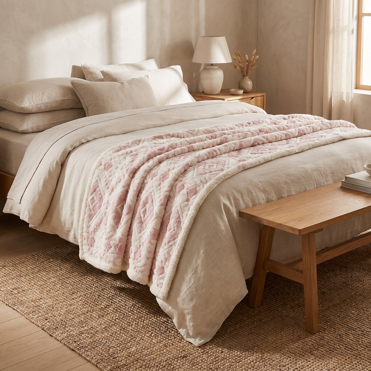 Zyra diamond throw folded across a cream linen bed, Style Room