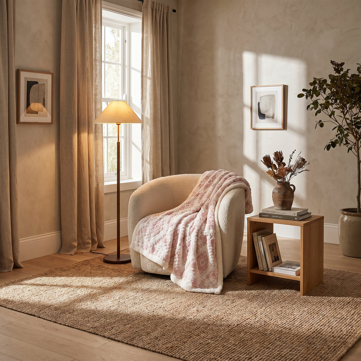 Zyra throw draped over a cream boucle armchair, Style Room